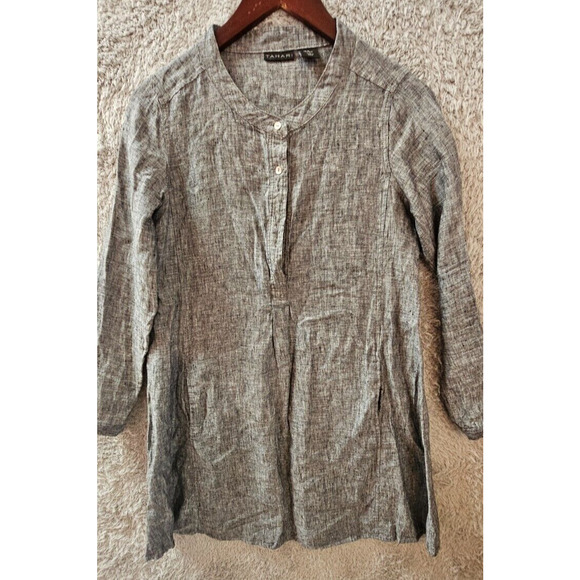 Tahari Dress Tunic A-line 100%‎ Linen Chambray Grey Medium Long Sleeve Sz XS 4 - Picture 1 of 2
